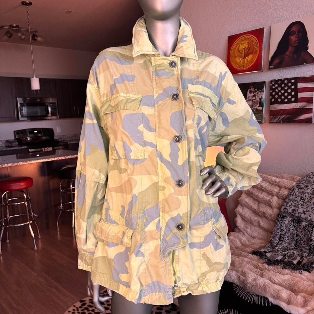 Free People Camo Utility Jacket Y2K Cargo Military Oversized 🌿